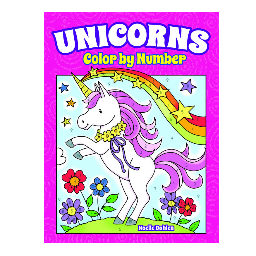 Unicorns Color By Number coloring book cover with a unicorn and rainbow for kids ages 4 and up.