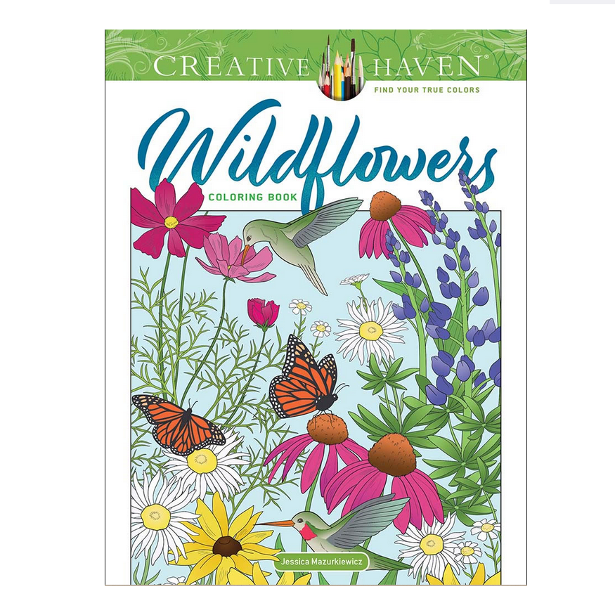 Wildflowers Coloring Book cover with colorful flowers, hummingbirds, and butterflies in a bright natural scene.