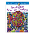 Spectacular Sea Life Designs coloring book cover featuring a vibrant, stylized fish among underwater patterns.