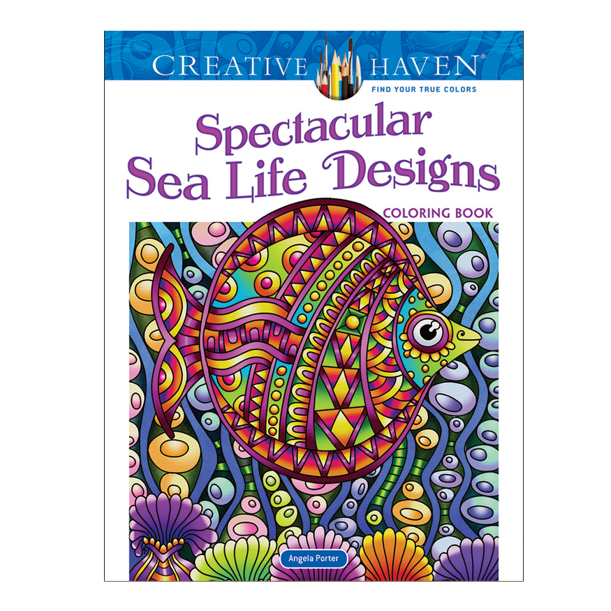 Spectacular Sea Life Designs coloring book cover featuring a vibrant, stylized fish among underwater patterns.