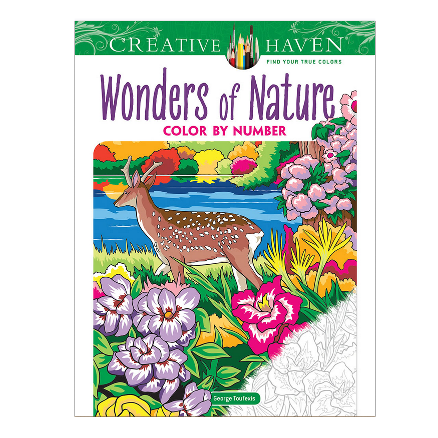 Wonders of Nature Color by Number book cover featuring a deer, vibrant flowers, and a colorful natural landscape.