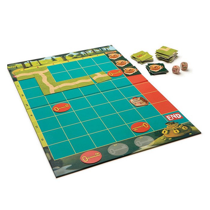 Race to the Treasure board game with path tiles, keys, ogre tokens, dice, and cards for cooperative strategy play.