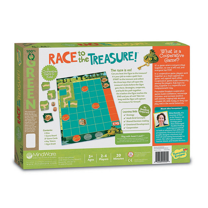 Race to the Treasure game box showing board, cards, keys, ogre token, designed for cooperative gameplay and strategy building.