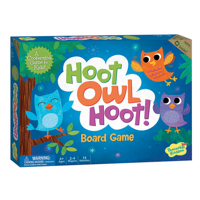 Hoot Owl Hoot! board game box with colorful owls, cooperative gameplay for kids ages 4 and up, 2-4 players.