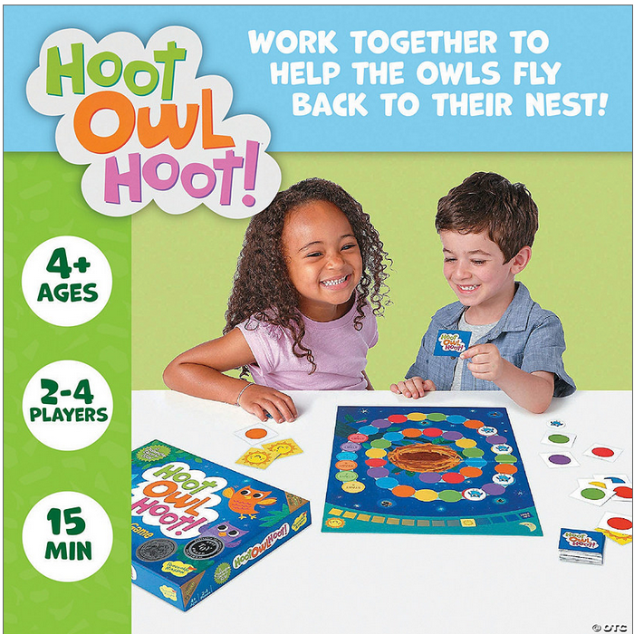 Hoot Owl Hoot! board game with kids playing, helping owls fly back to their nest before sunrise.