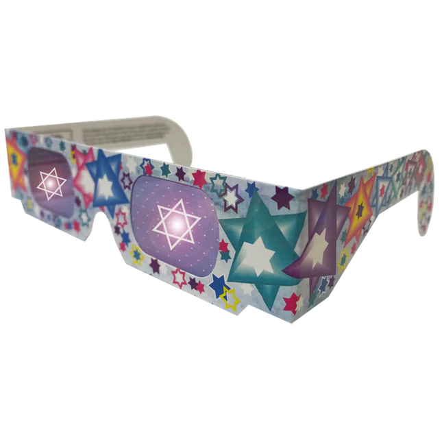 Holiday Specs | Star of David paper glasses with colorful star designs and patented lenses creating Star of David light effects.