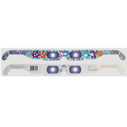 Holiday Specs | Star of David paper glasses with colorful Star of David designs and Eye Witness lenses visible.