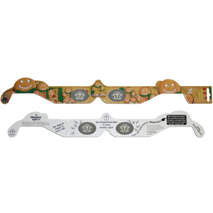 Holiday Specs | Gingerbread Men paper glasses with patented lenses to see festive gingerbread shapes in lights.