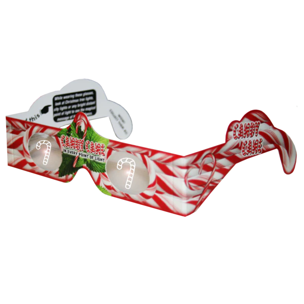 Holiday Specs | Candy Canes glasses with holographic lenses creating candy cane images on lights.