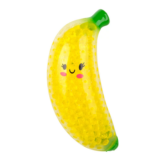 Squeezy Bead Banana toy with smiling face, soft sticky rubber, and liquid beads inside, perfect for squeezing fun.