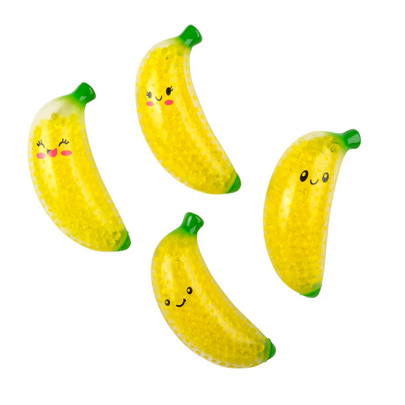 Four Squeezy Bead Banana toys with smiling faces, yellow sticky rubber and liquid beads inside, playful and squeezable.