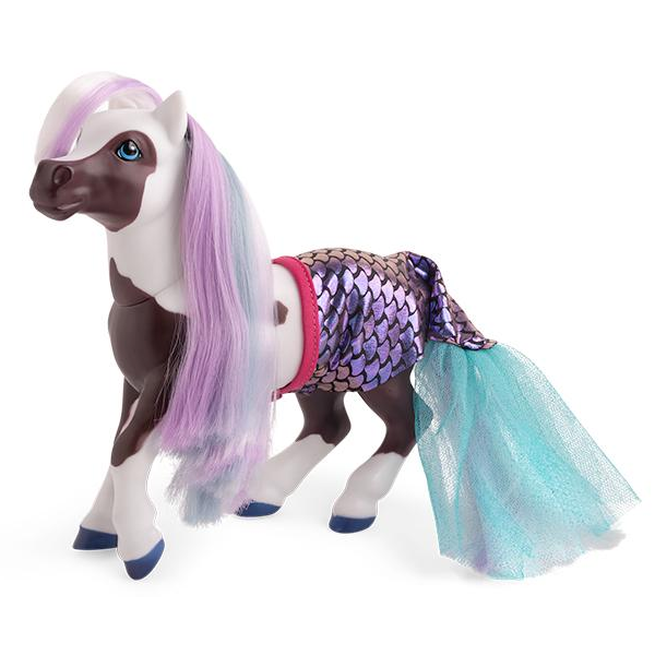 Marina Color Change Mer-Pony with pastel mane, purple mermaid tail blanket, and blue hooves on white background.