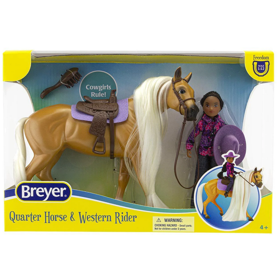 Charm & Western Rider Gabi set featuring a Palomino Quarter Horse with brushable mane and articulated Western rider.