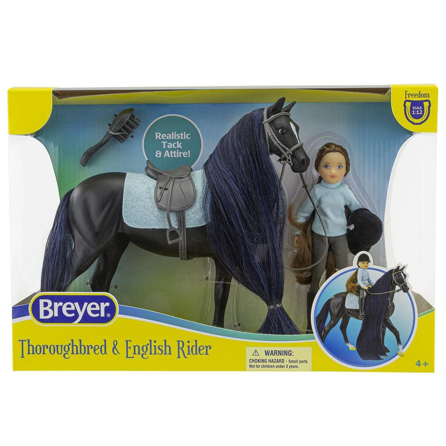 Jet & English Rider Charlotte set with black Thoroughbred horse, articulated rider, and realistic tack and brush.