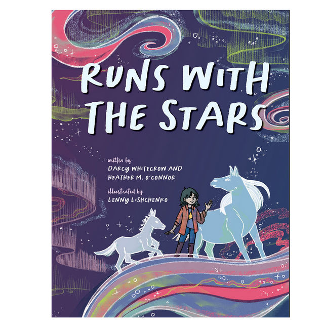Cover of Runs With the Stars showing a child with two glowing horses under a swirling starry night sky.