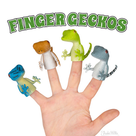 Finger Gecko finger puppets in four colors on fingers, soft vinyl 2" tall playful lizard toys.