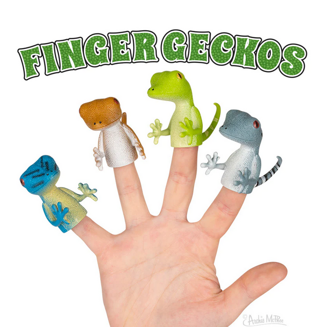 Finger Gecko finger puppets in four colors on fingers, soft vinyl 2" tall playful lizard toys.