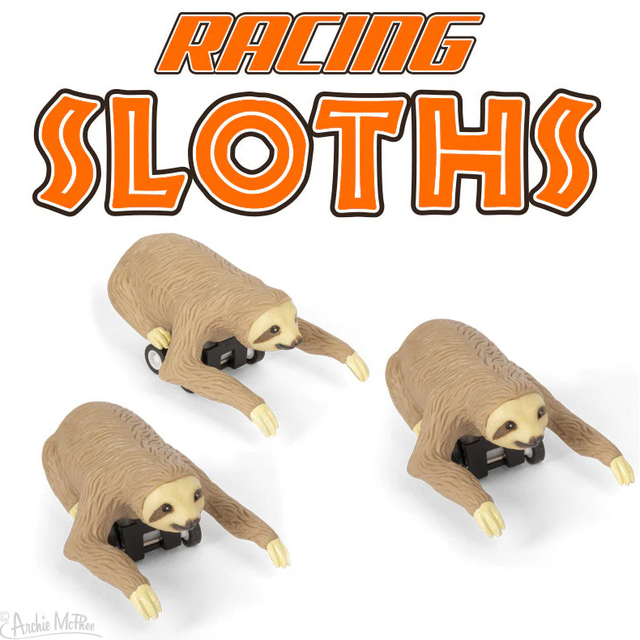 Racing Sloth toy in soft vinyl and plastic with pull-back action, shown in group of three on white background.