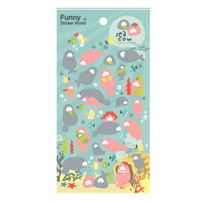 Manatee Puffy Stickers featuring cute sea cows and colorful fish, perfect for decorating notes and planners.