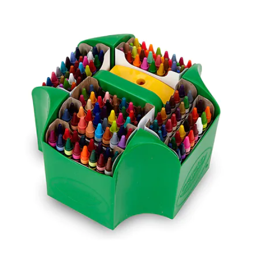 Crayola Ultimate Crayon Collection with colorful classic, glitter, and metallic crayons in a green multi-tiered organizer.