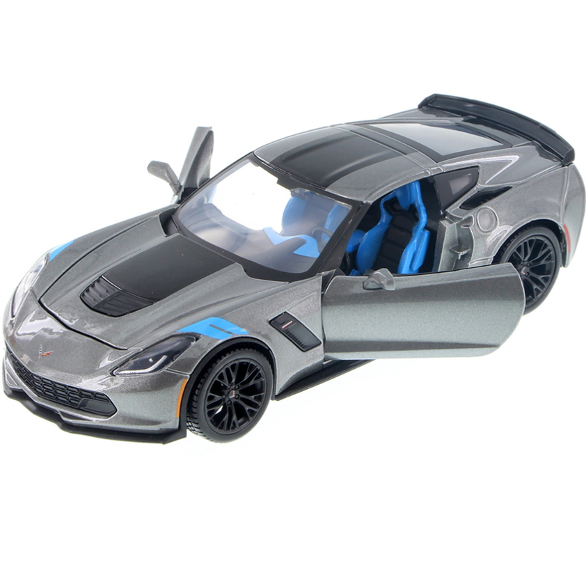 Chevrolet Corvette Grand Sport 1:24 scale diecast model car with open doors and detailed interior in metallic gray.