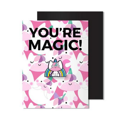 Unicorn Pin Card with colorful unicorn pattern, magnetic pin, blank inside, and black envelope measuring 9.5cm by 12.5cm.