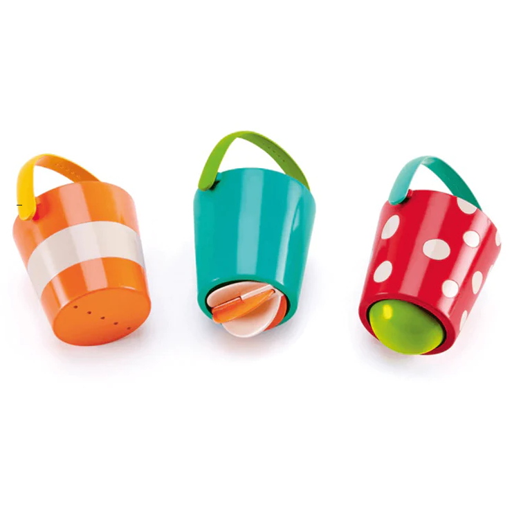 Happy Buckets Set with three colorful BPA-free buckets featuring drainage for sensory bathtime fun.