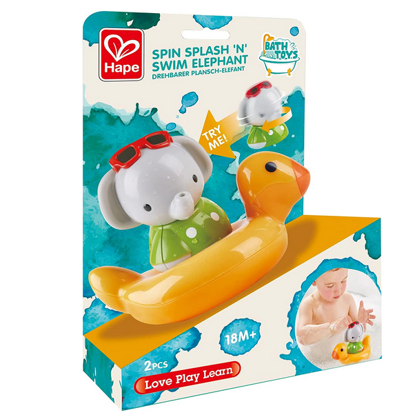 Swim n Splash Elephant spinning bath toy with elephant in yellow duck ring, fun for toddlers 18 months and up.