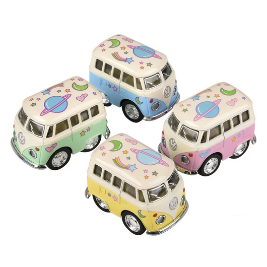 VW Mini Pastel Flower Power Bus in assorted pastel colors with fun space and heart designs, measuring 2 inches each.