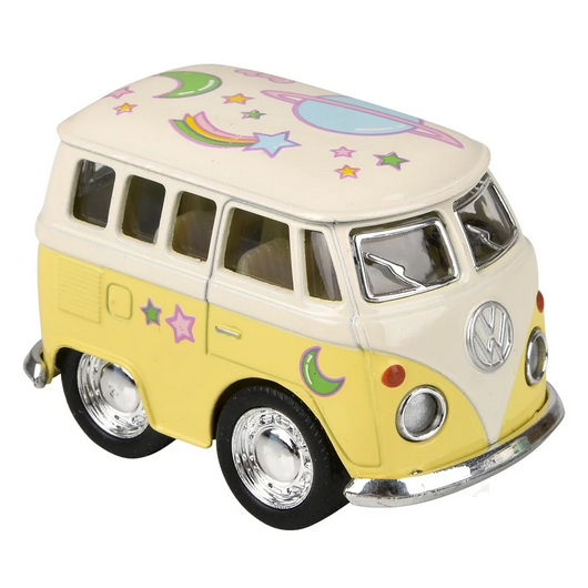 VW Mini Pastel Flower Power Bus in yellow with pastel stars, moons, and planets, 2-inch collectible mini bus toy.