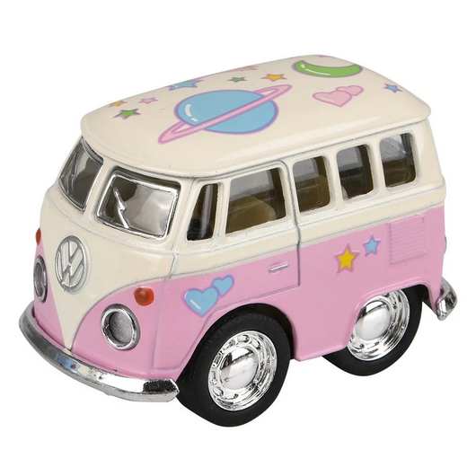 VW Mini Pastel Flower Power Bus toy in pink and cream with colorful space and heart designs, sized 2 inches.