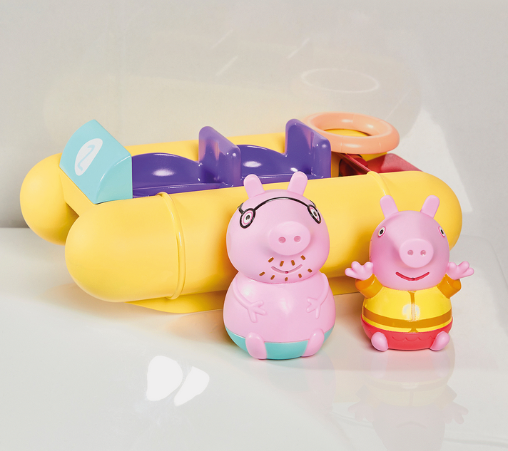 Peppa Pig Pull & Go Pedalo with Peppa and Daddy Pig figures in bright yellow, perfect for water play and motor skills.