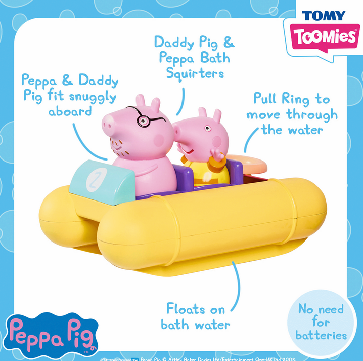 Peppa Pig Pull & Go Pedalo with Daddy Pig figures on yellow float, pull string moves paddles, bath water toy.