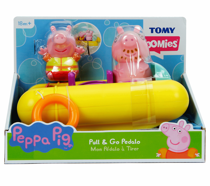 Peppa Pig Pull & Go Pedalo with Peppa and Daddy Pig figures on a yellow pedalo for bath time fun and water play.