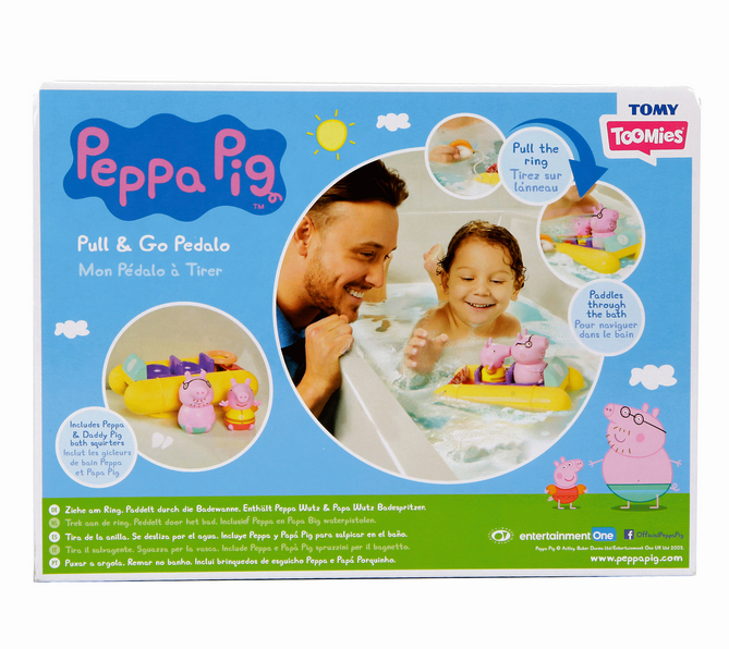 Peppa Pig Pull & Go Pedalo with Peppa and Daddy Pig in yellow pedalo for bath time water play and motor skill fun.