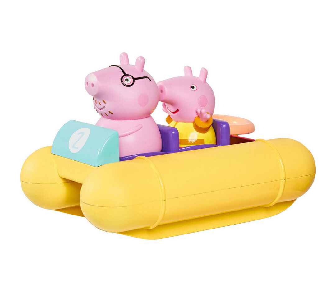 Peppa Pig Pull & Go Pedalo bath toy with Daddy Pig and Peppa in a yellow pull-string pedal boat for water play.