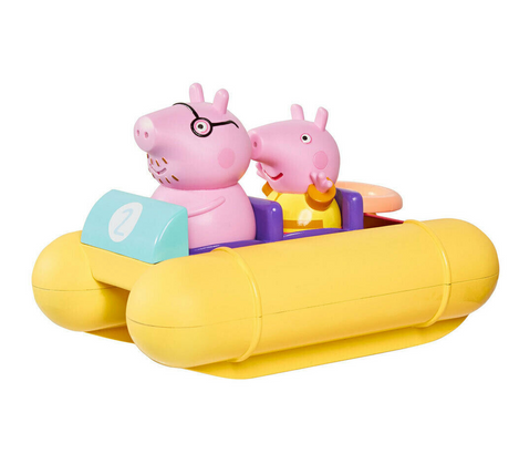Peppa Pig Pull & Go Pedalo bath toy with Daddy Pig and Peppa in a yellow pull-string pedal boat for water play.
