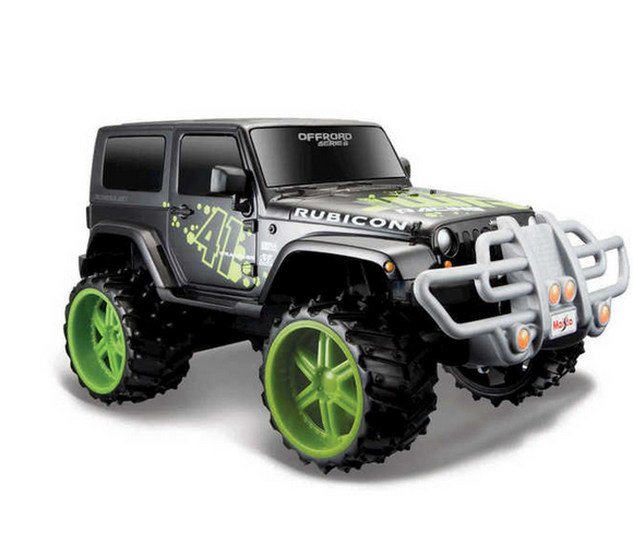 RC Jeep Wrangler Rubicon remote control car with big off-road tires and detailed plastic chassis for rough terrain fun.