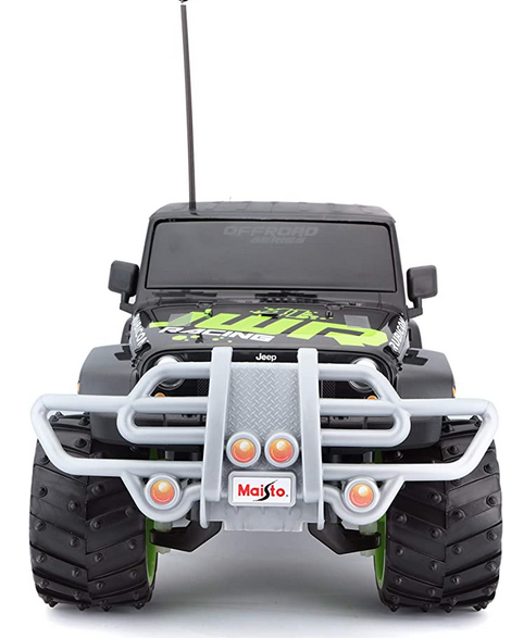 RC Jeep Wrangler Rubicon remote control car with large off-road tires and detailed front grill for rugged terrain.
