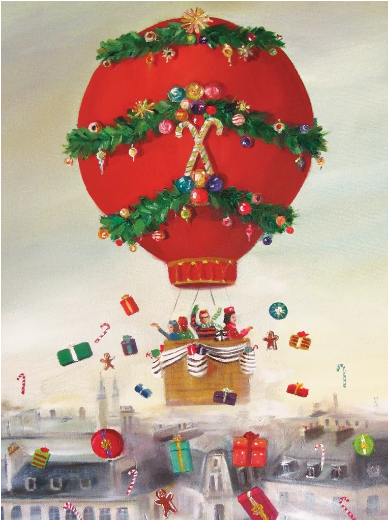 500pc Christmas Balloon Ride Puzzle showing Peppermint family in festive hot air balloon dropping gifts.