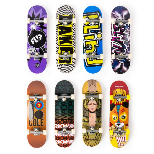 Tech Deck Fingerboard collection showing various 96mm fingerboards with unique skate company graphics and designs.