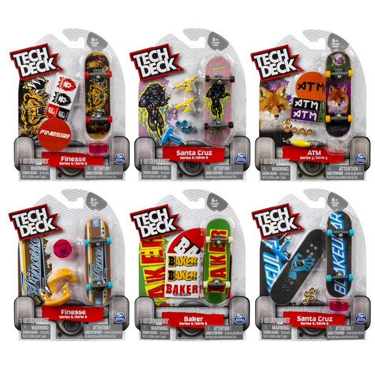 Tech Deck Fingerboard with authentic graphics from popular skate brands and surprise accessories in packaging.