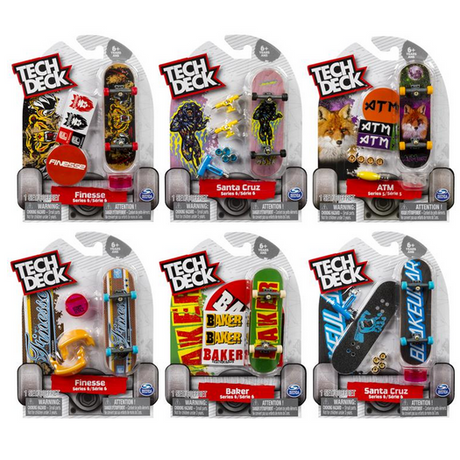 Tech Deck Fingerboard with authentic graphics from popular skate brands and surprise accessories in packaging.