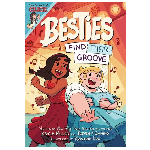Besties: Find Their Groove book cover with two girls dancing joyfully at a school dance in colorful dresses.