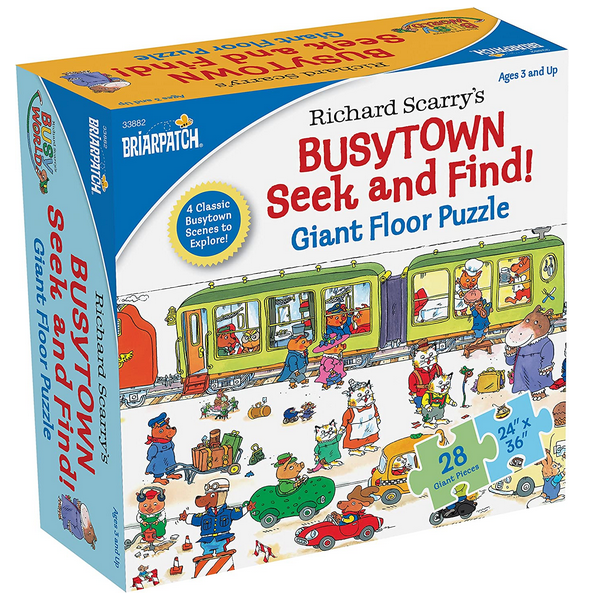 28pc Scarry Busytown Seek and Find Puzzle box showing colorful Busy World scenes with 28 large floor puzzle pieces.