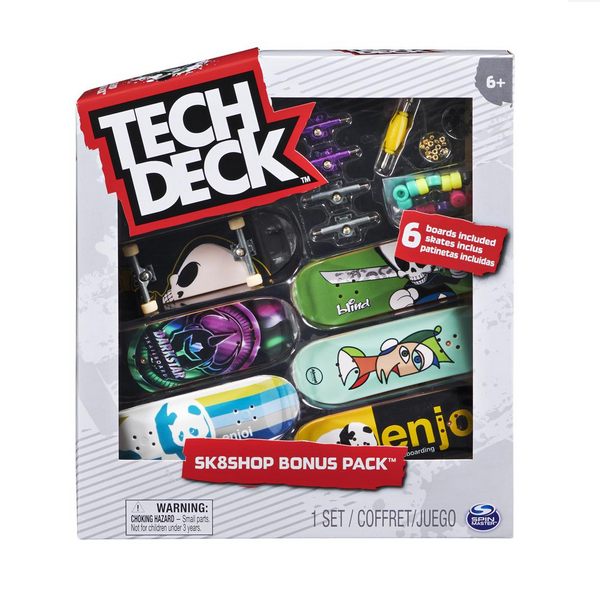 Tech Deck Sk8shop Bonus Pack with 6 fingerboard decks, wheels, tool, and stickers for custom mini skateboards.