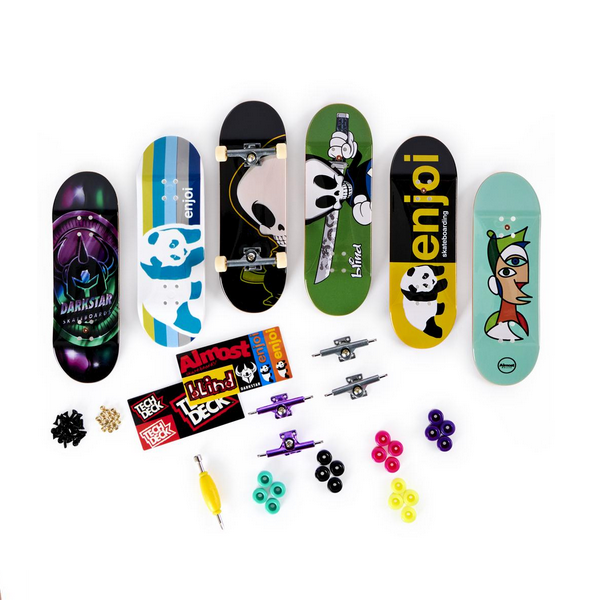 Tech Deck Sk8shop Bonus Pack with 6 branded fingerboard decks, wheels, stickers, tool, and customizable mini skateboards.
