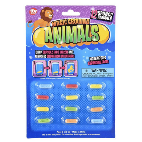 Magic Animal Grow Capsules with 12 colorful sponge animal capsules that expand in water for kids ages 6 and up.