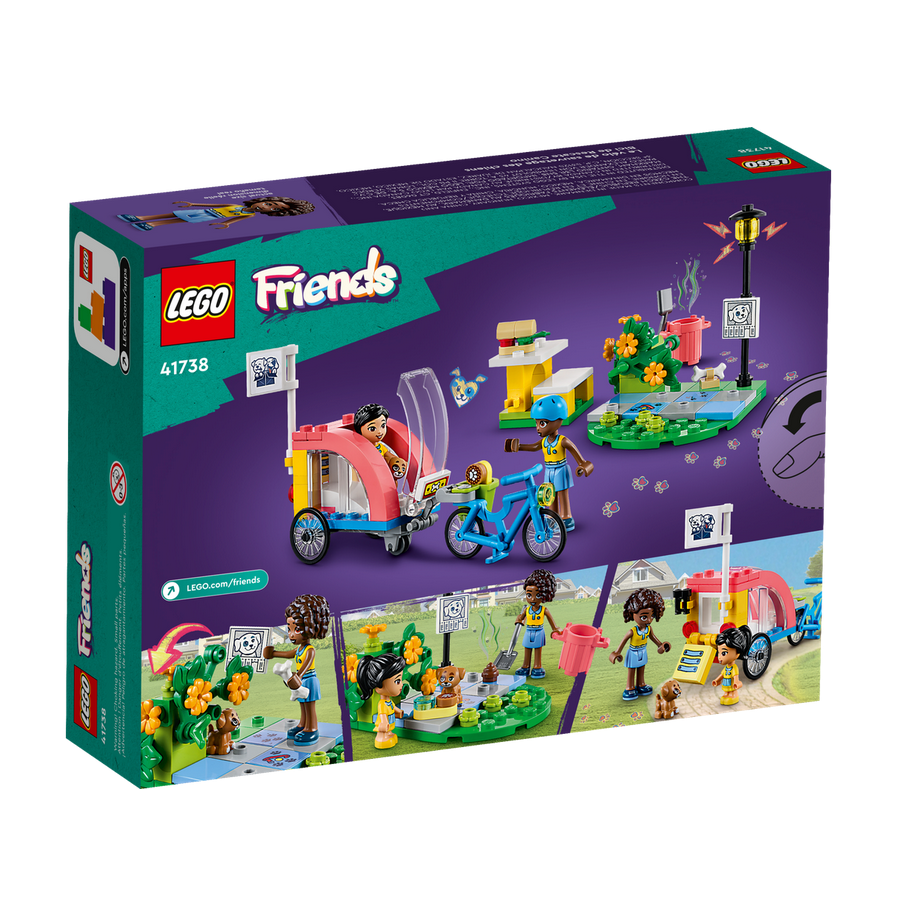 LEGO Friends Dog Rescue Bike building set with bike, trailer, park scene, accessories, and mini-figures for kids aged 6 and up.