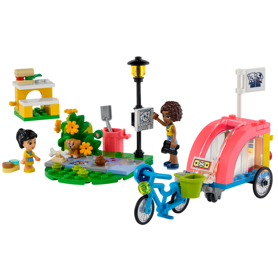 LEGO Friends Dog Rescue Bike set with figures, bike, trailer, park scene, and accessories for pet rescue play.